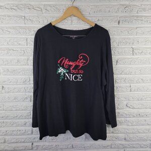 Dreams Co Women's 1X Black Cotton Pajama Tee Christmas Long Sleeve Crew BLA174E